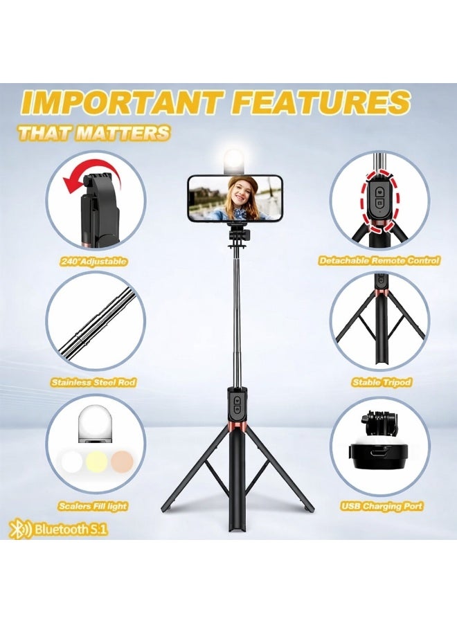 التخطيط ترايبود ثابت طويل 1.7 متر + سيلفي ستيك + حامل موبايل + رينج لايت – جهاز 3 في 1 مميز للتصوير وصناعة المحتوى والبث المباشر - Image 3